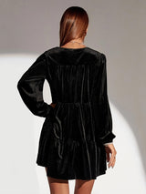 V-neck Solid Color Long Sleeve Velvet Mini Dress