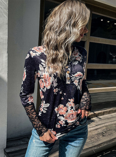 Turtleneck Long Sleeve Printed Lace T-shirt