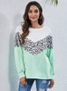 Round Neck Spliced Leopard Lantern Bat Sleeve T-shirt Top