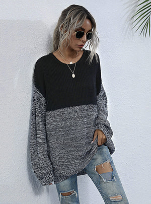 Knitted Color Matching Round Neck Loose Sweater
