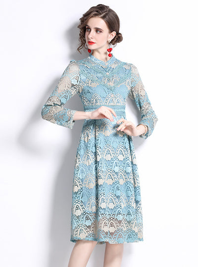Women Blue Lace Long Sleeve Dress