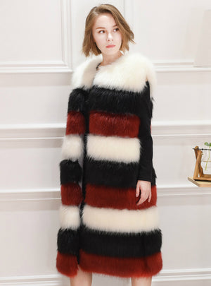 Fur Coat Artificial Fox Fur Mosaic Contrast Color