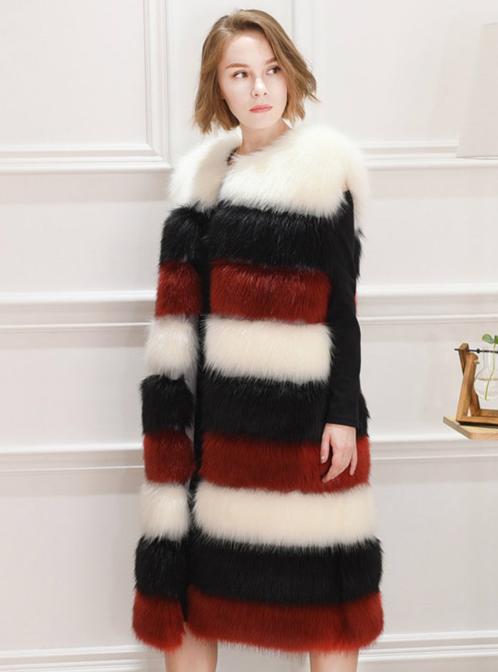 Fur Coat Artificial Fox Fur Mosaic Contrast Color
