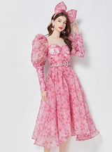 Vintage V-neck Bubble Sleeve Gauze Palace Floral Dress