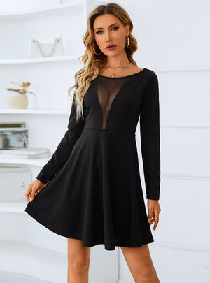 Solid Color Dark V Mesh Backless Dress