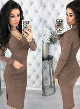 Deep V Neck Long Sleeve Bodycon Knitted Sweater Dress