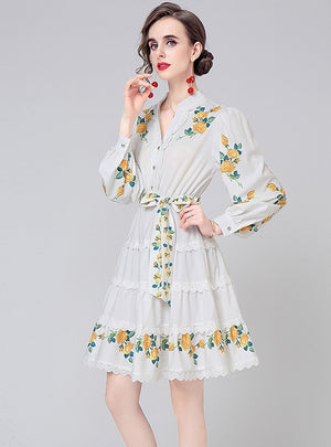 V-neck Lace Long Sleeve Print Dress