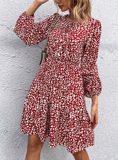 Long Sleeve Lace-up Vintage Print Dress