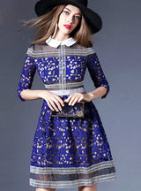 Blue Lace Dress Early A-Line Work Casual Dress