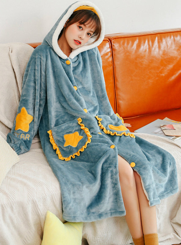 Blue Star Winter Women Long Sleeve Velvet Sleepwear