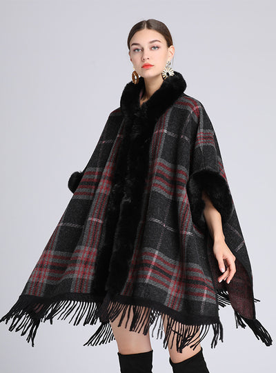 Rex Rabbit Fur Collar Hooded Shawl Cloak Ladies Woolen Coat
