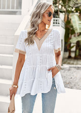 V-neck Hollow Jacquard Short-sleeved Shirt