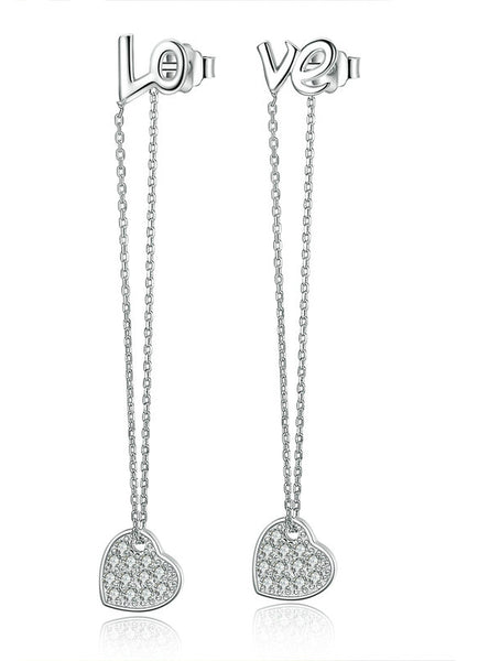 925 Sterling Silver LOVE Long Earrings Heart 