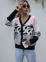 Leopard Print Stitching Contrast Knitted Cardigan