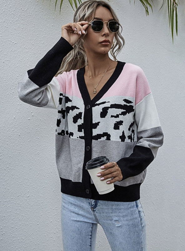 Leopard Print Stitching Contrast Knitted Cardigan