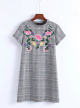 Embroidered Floral Plaid Women Dress British Style