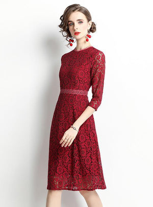 Red 3/4 Sleeve Lace Slim Dress