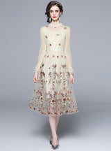 Long-sleeved Gauze Embroidered Dress