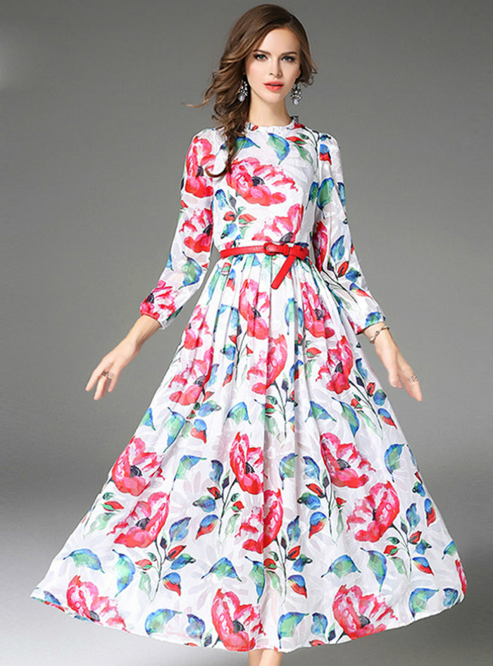 Chiffon Maxi Party Dress Floral Slim Belt Dress 