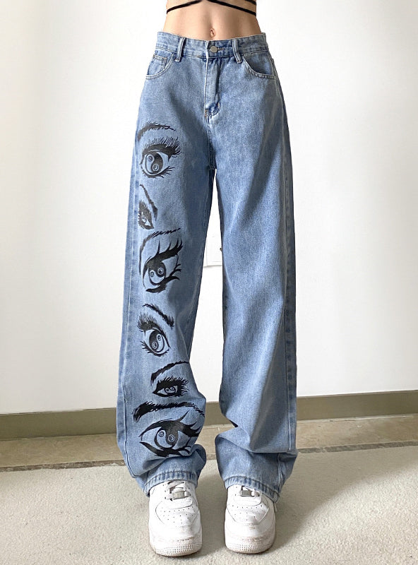 Printed Loose Straight Jeans Pants
