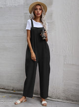 Black Cotton Lazy Loose One-piece Bib Pants