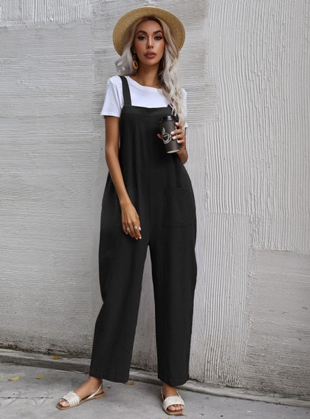 Black Cotton Lazy Loose One-piece Bib Pants