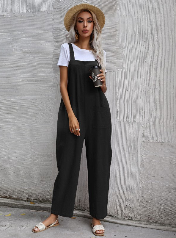 Black Cotton Lazy Loose One-piece Bib Pants