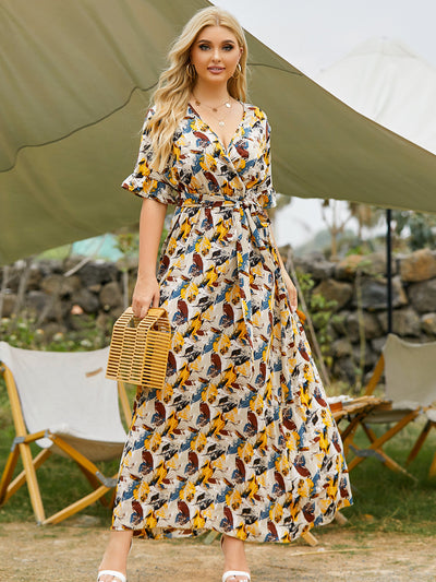 Printed V-neck Lace-up Trumpet Sleeve Long Dress