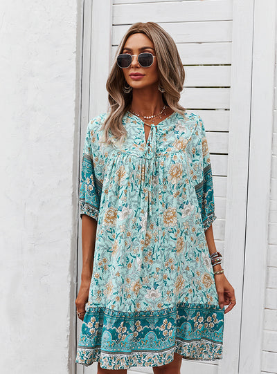 Women Print Short Sleeve Loose Dress