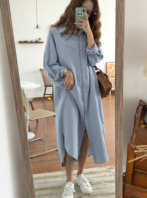 Long Dress Long Sleeve Shirt Turn Down Collar
