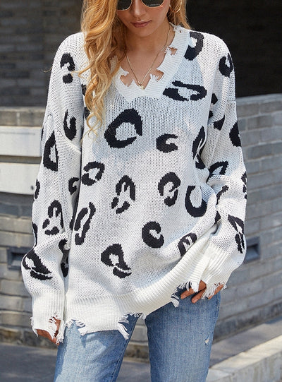 V-neck Leopard Print Hand-cut Fringed Sweater