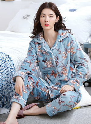 Blue Flower Velvet Long Sleeve Pocket Sleepwear Suit