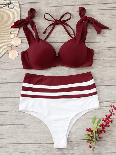 Low Cut Color Burgundy High Waist Bikini Set