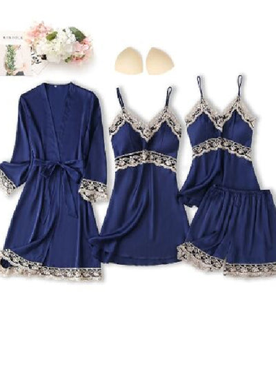 Silk-like Pajamas Four-piece Sling Long Sleeve Nightgown