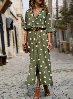 Women Summer Dot Print Long Sleeve Button Long Dress