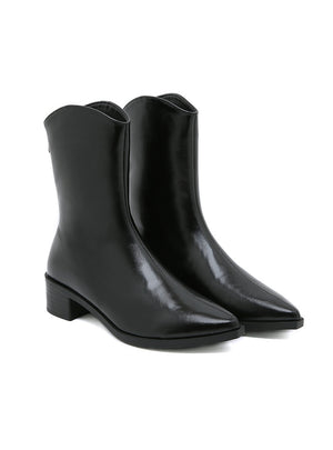 Pointed Bare Back Zipper Thick Heel Booties