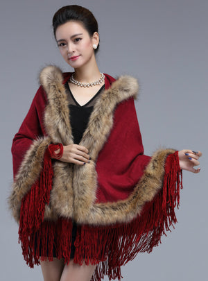 Women Hat Fringed Fur Cloak Cardigan