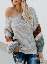 Women V Neck Striped Sleeve Loose Pullover Fall Sweaters