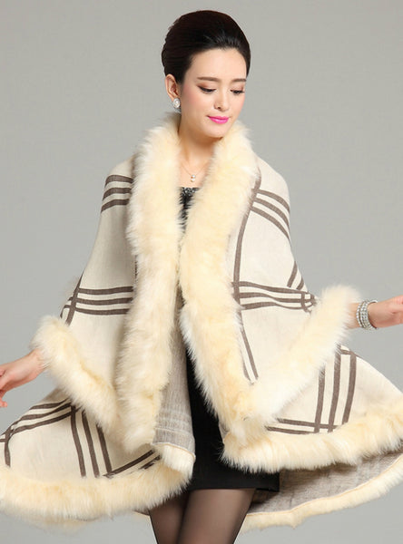 Plaid Knitted Shawl Cape Cardigan Fur Shawl