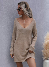 Long Sleeve V-neck Knitted Sweater Dress