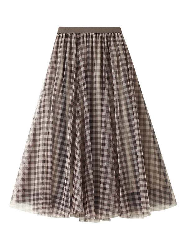Retro Contrast Plaid Gauze Skirt