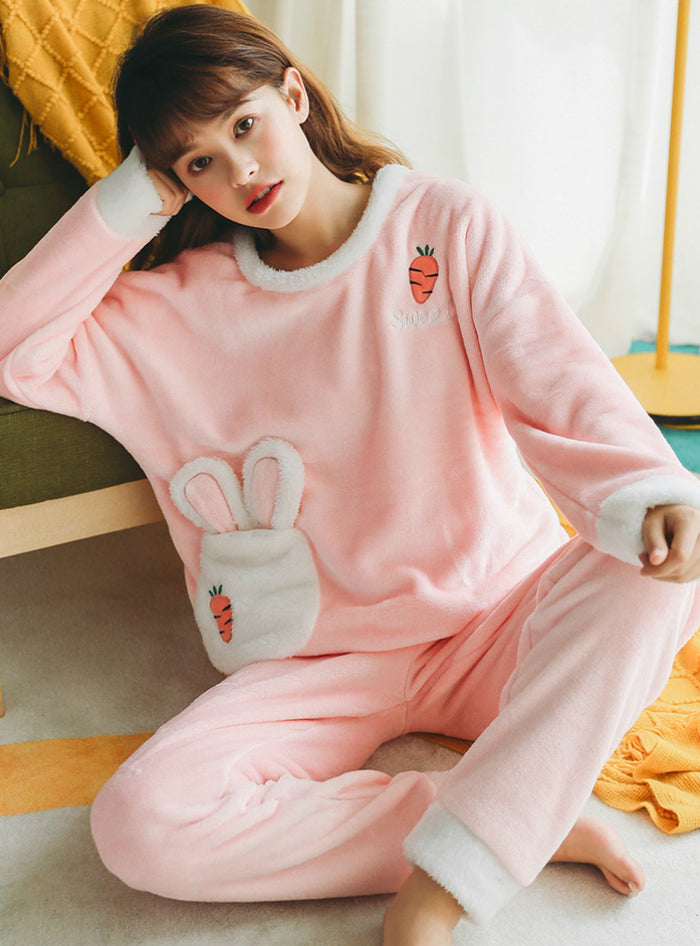 Pink Carrot Rabbit Scoop Coral Velvet Pajamas Suit