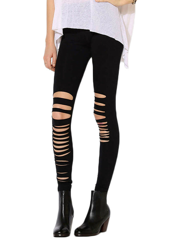 Solid Black Leggings Women Hollow Out 