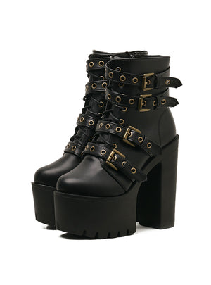 Rivet Black Ankle Boots Women Platform Soft Leather