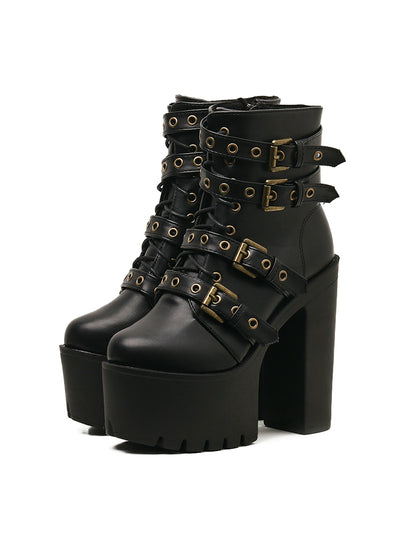 Rivet Black Ankle Boots Women Platform Soft Leather