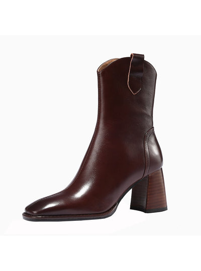 Women Thick Leather Heel Square Head Boots