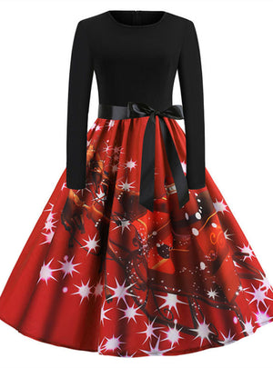 Retro Christmas Printed Long Sleeve Dress