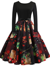 Black Christmas Printed Long Sleeve Dress
