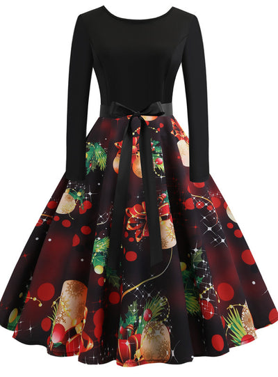 Black Christmas Printed Long Sleeve Dress