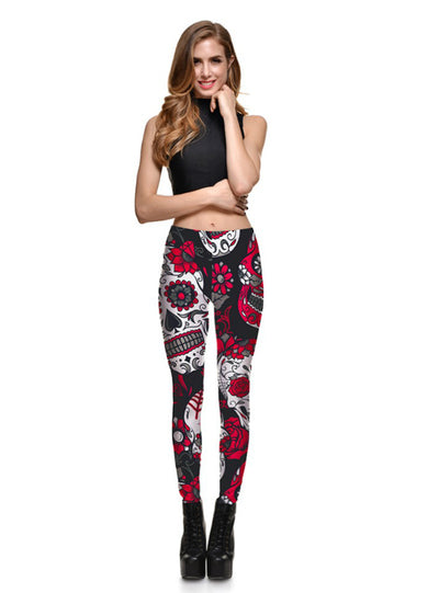 Skull&flower Black Leggings Digital Print Pants